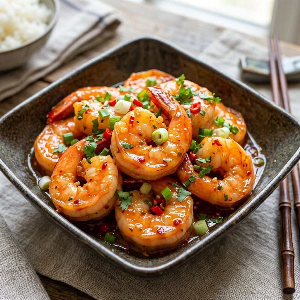 Delicious Sweet Chili Shrimp served with fresh vegetables and sauce.