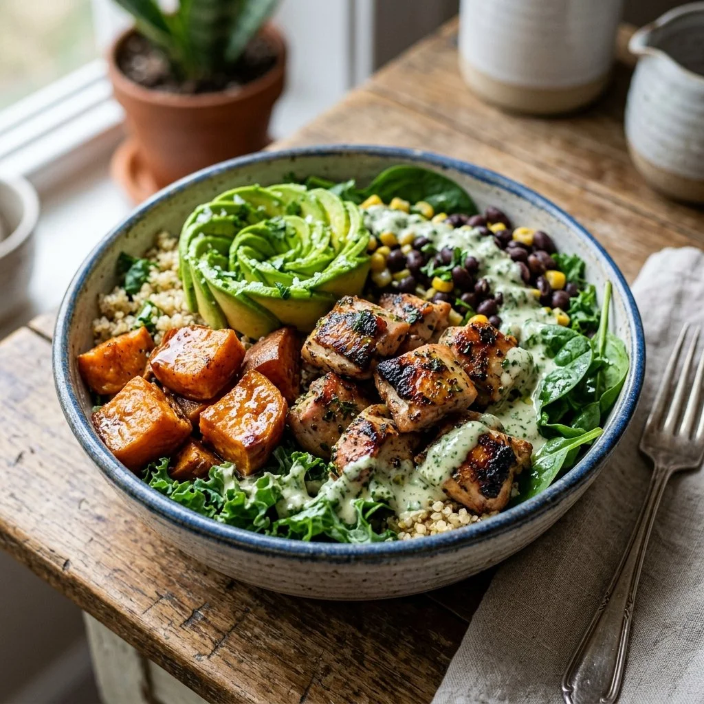 Delicious Sweet Potato Chicken Bowl with roasted vegetables and herbs