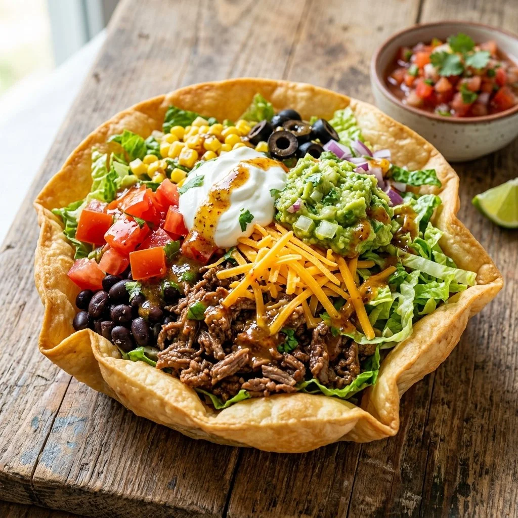 Colorful taco salad served in a bowl with toppings like cheese, avocado, and salsa.