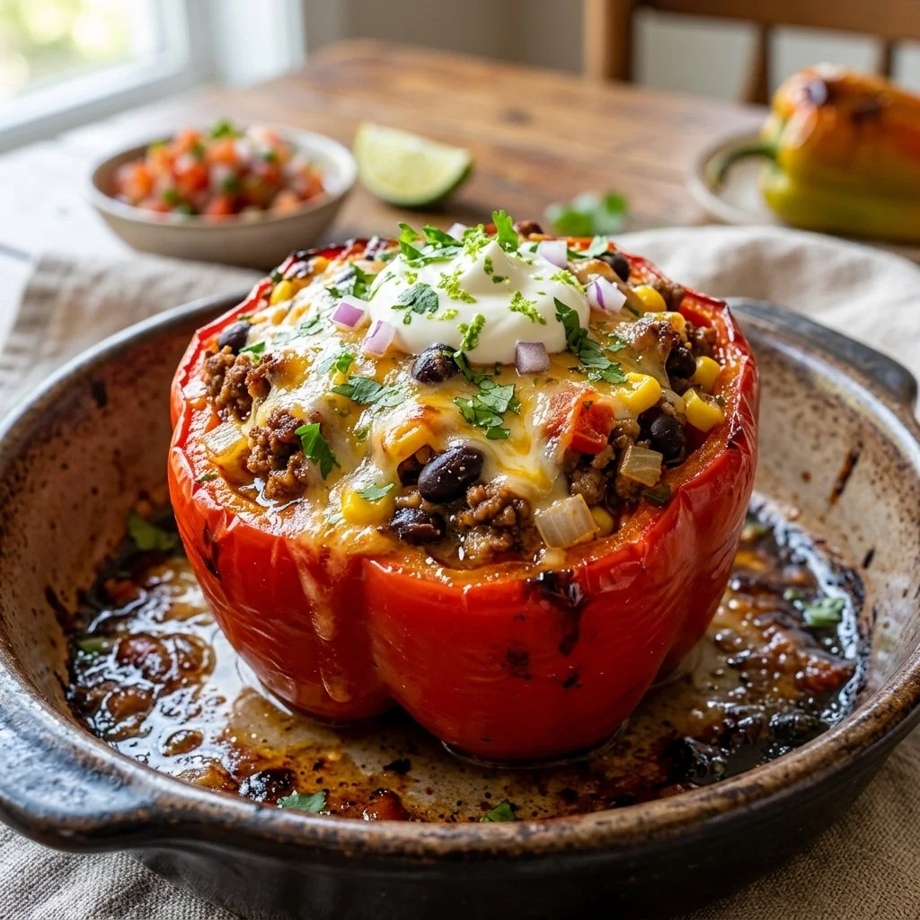 Colorful taco stuffed peppers filled with seasoned meat and cheese