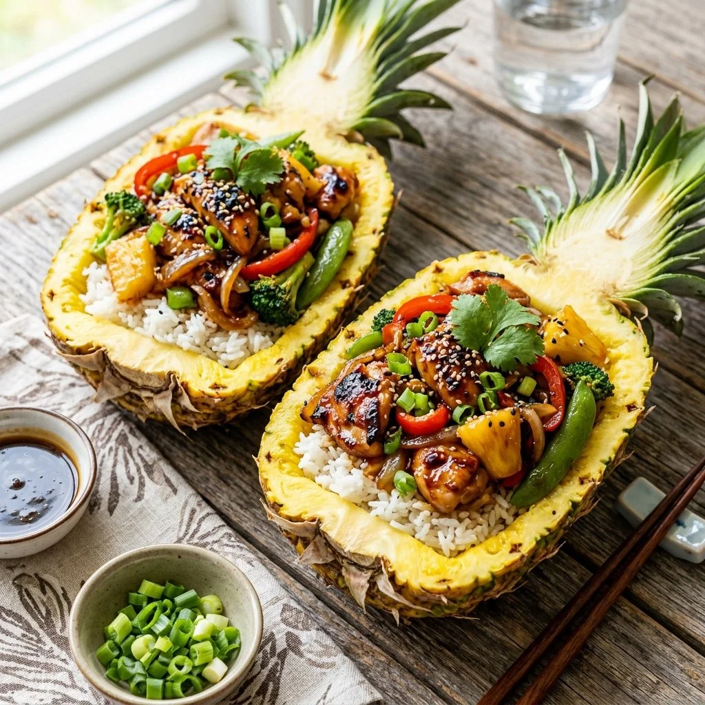 Delicious teriyaki chicken served in a fresh pineapple bowl.