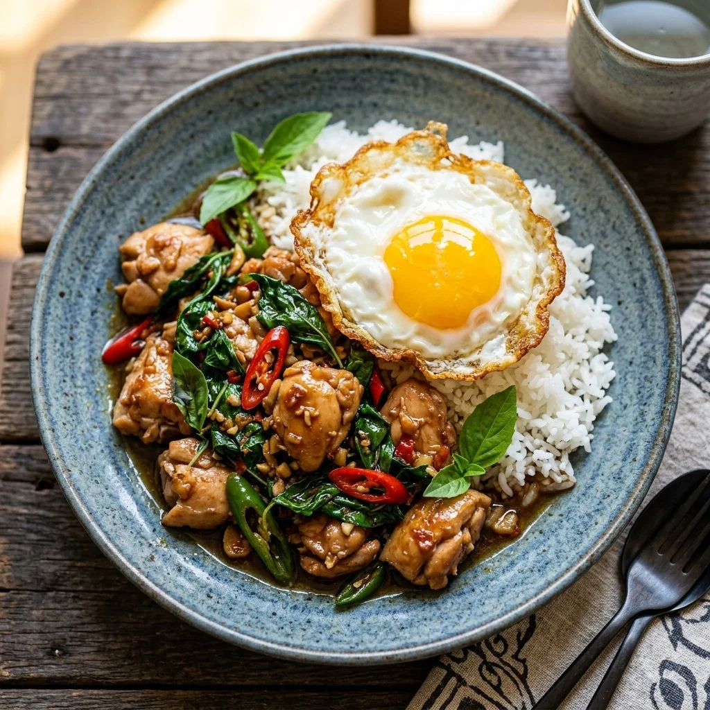 Plate of delicious Thai Basil Chicken with vibrant vegetables and fresh basil leaves