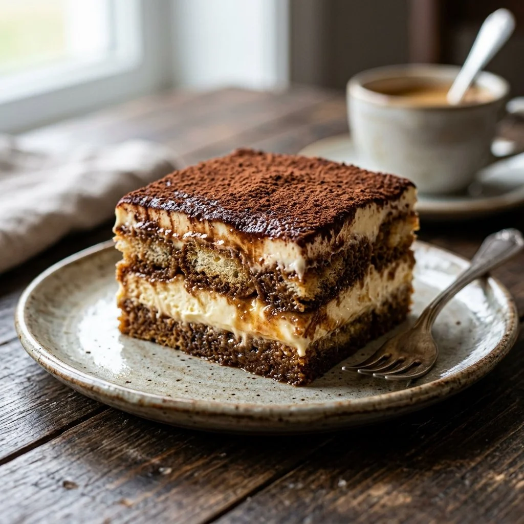 Delicious Tiramisu Cake decorated with cocoa and coffee, ready to serve.