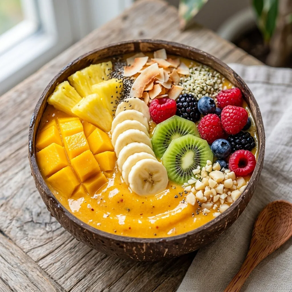 Colorful tropical smoothie bowl topped with fresh fruits and granola.