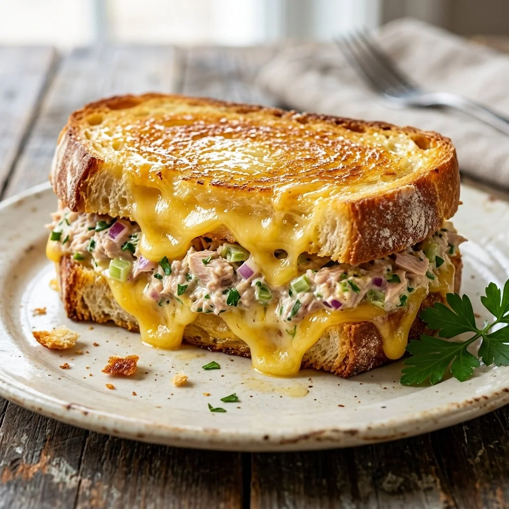 Delicious Tuna Melt Sandwich with melted cheese and toasted bread