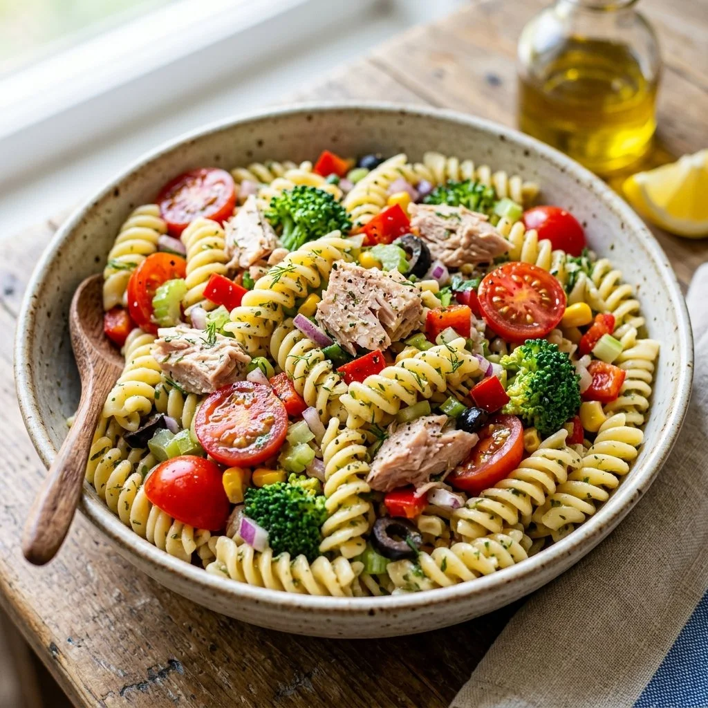 A vibrant bowl of tuna pasta salad with fresh vegetables and dressing.