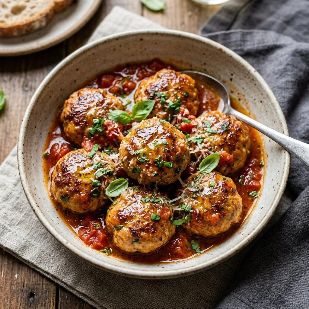 Delicious homemade turkey meatballs served with marinara sauce and herbs.
