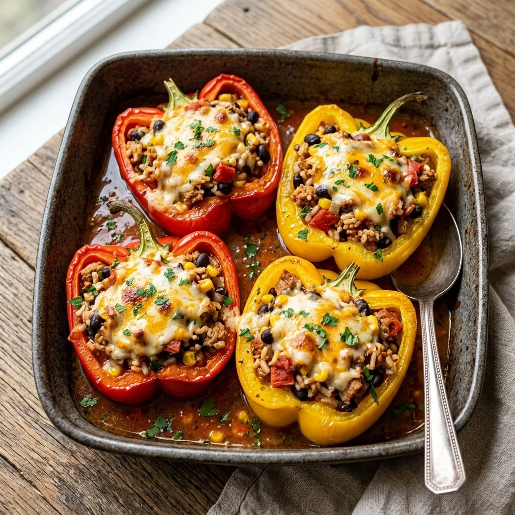 Healthy turkey stuffed peppers recipe with colorful bell peppers and savory filling