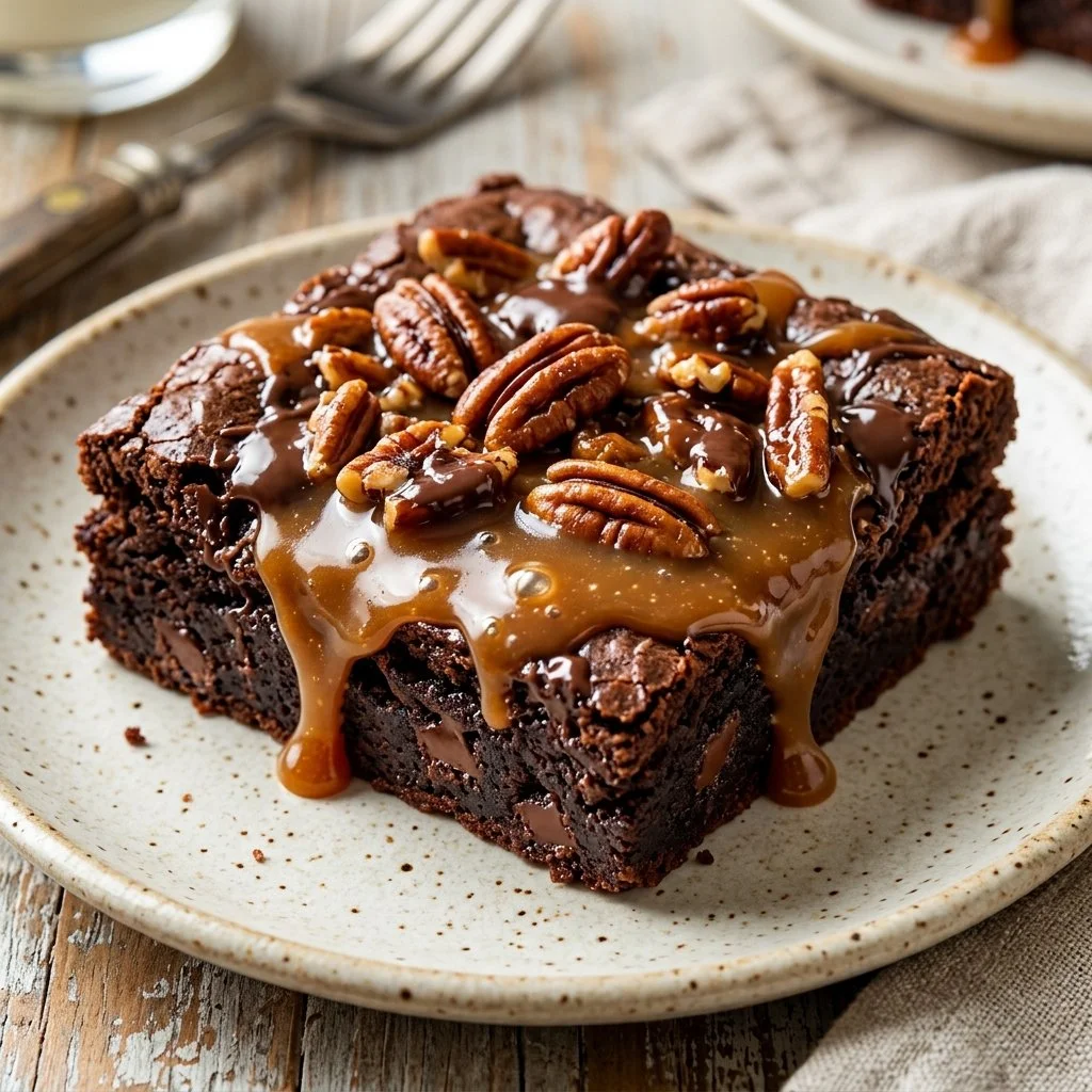 Delicious turtle brownies topped with chocolate, caramel, and pecans