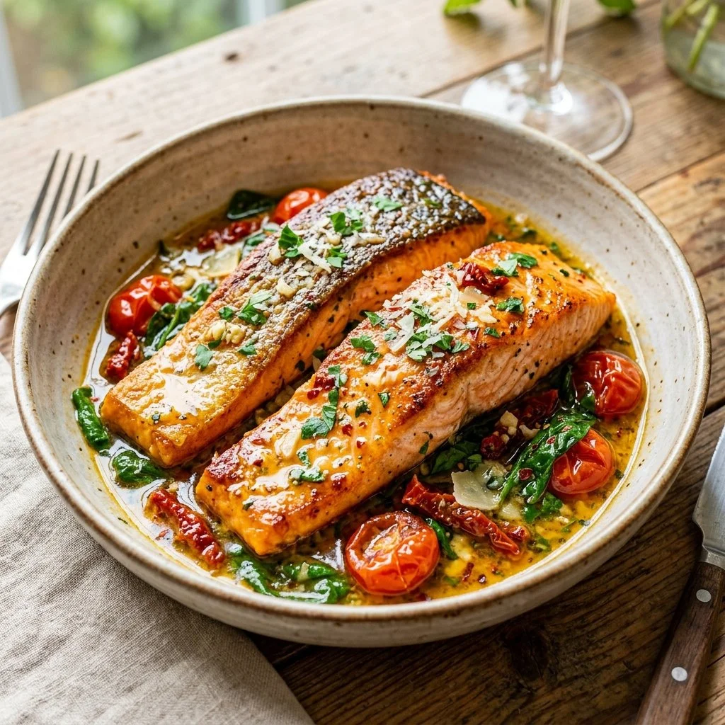 Delicious Tuscan Butter Salmon plated with fresh herbs and a creamy sauce
