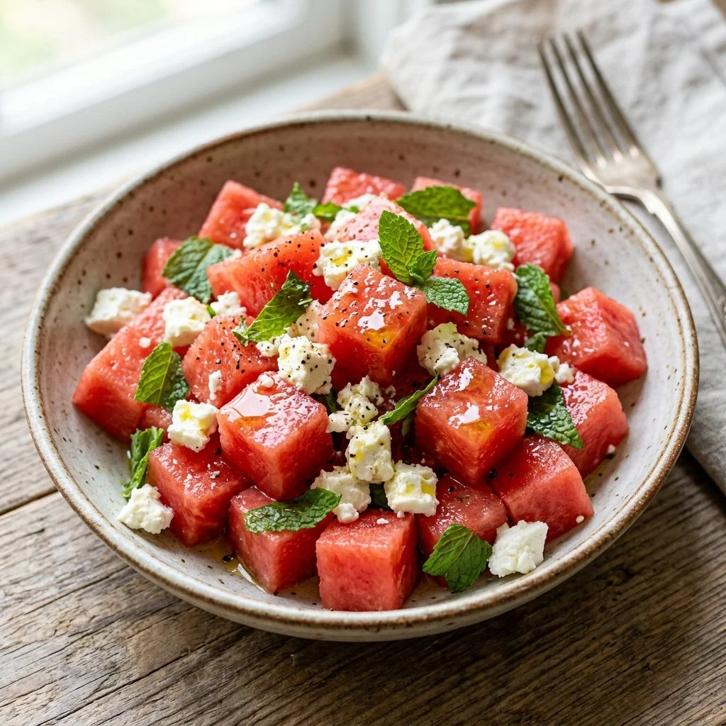 Delicious watermelon feta salad with fresh mint and a drizzle of balsamic glaze
