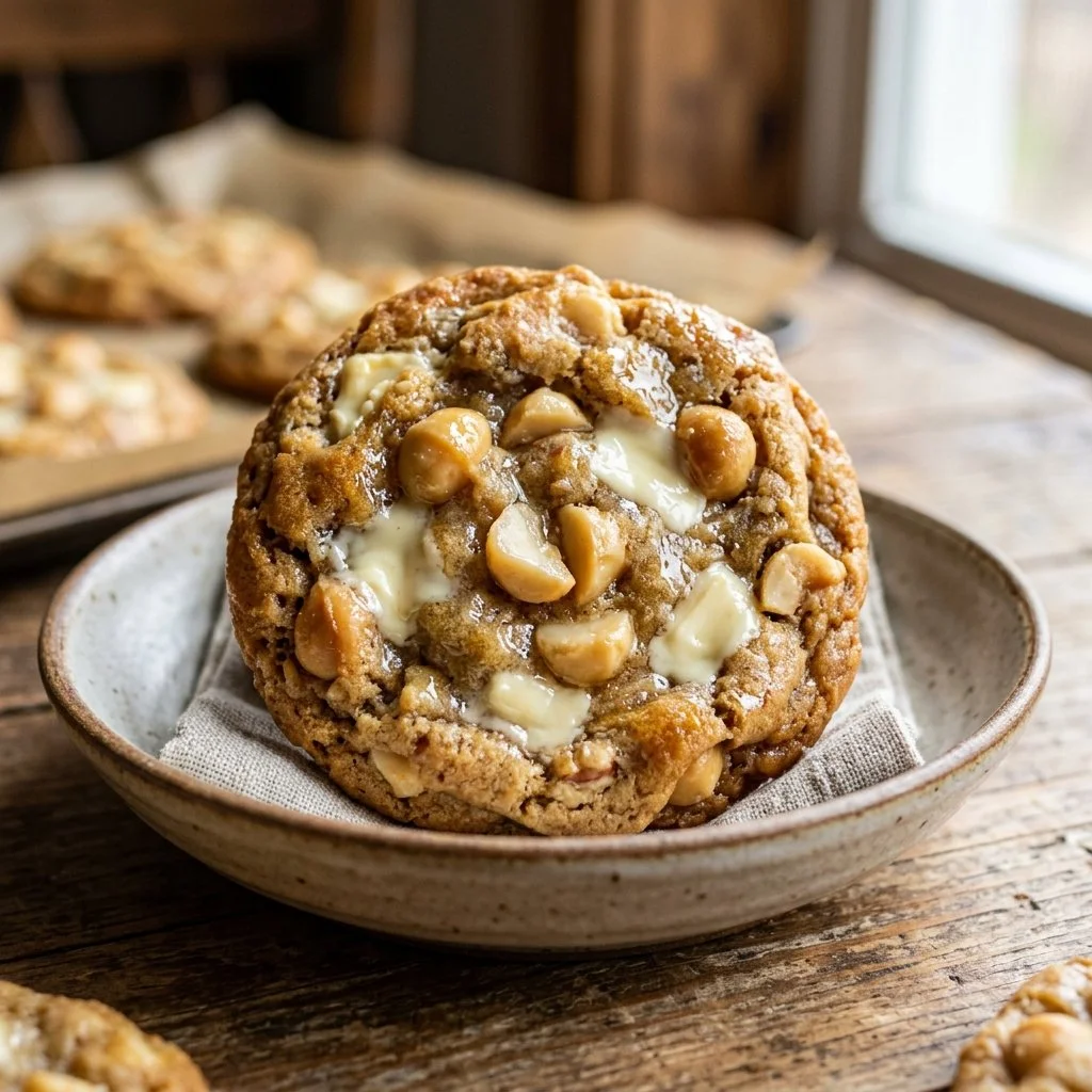Batch of freshly baked white chocolate macadamia cookies on a cooling rack