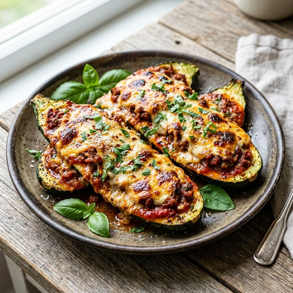 Delicious zucchini boat lasagna baked and ready to serve
