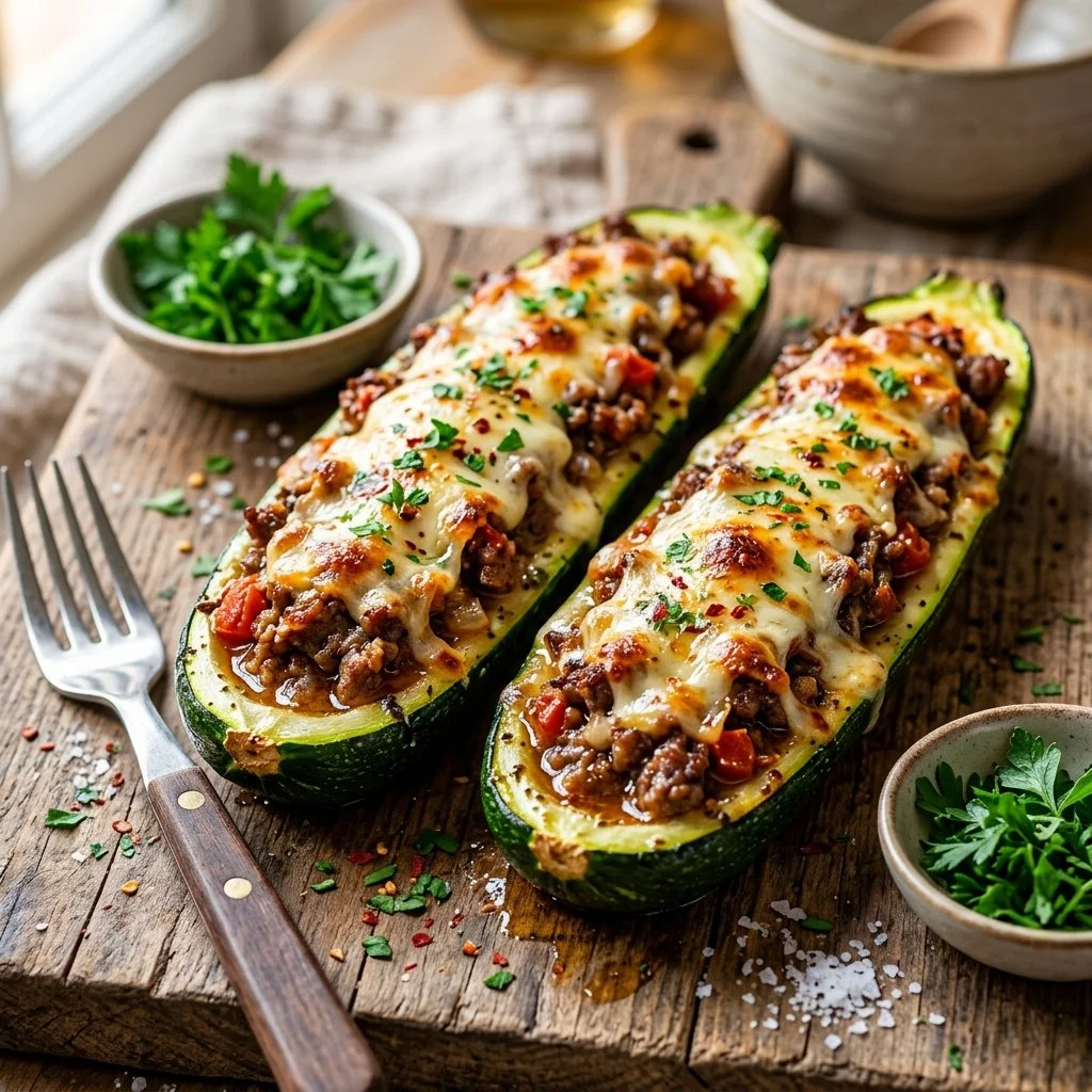 Zucchini boats stuffed with seasoned ground beef and topped with cheese