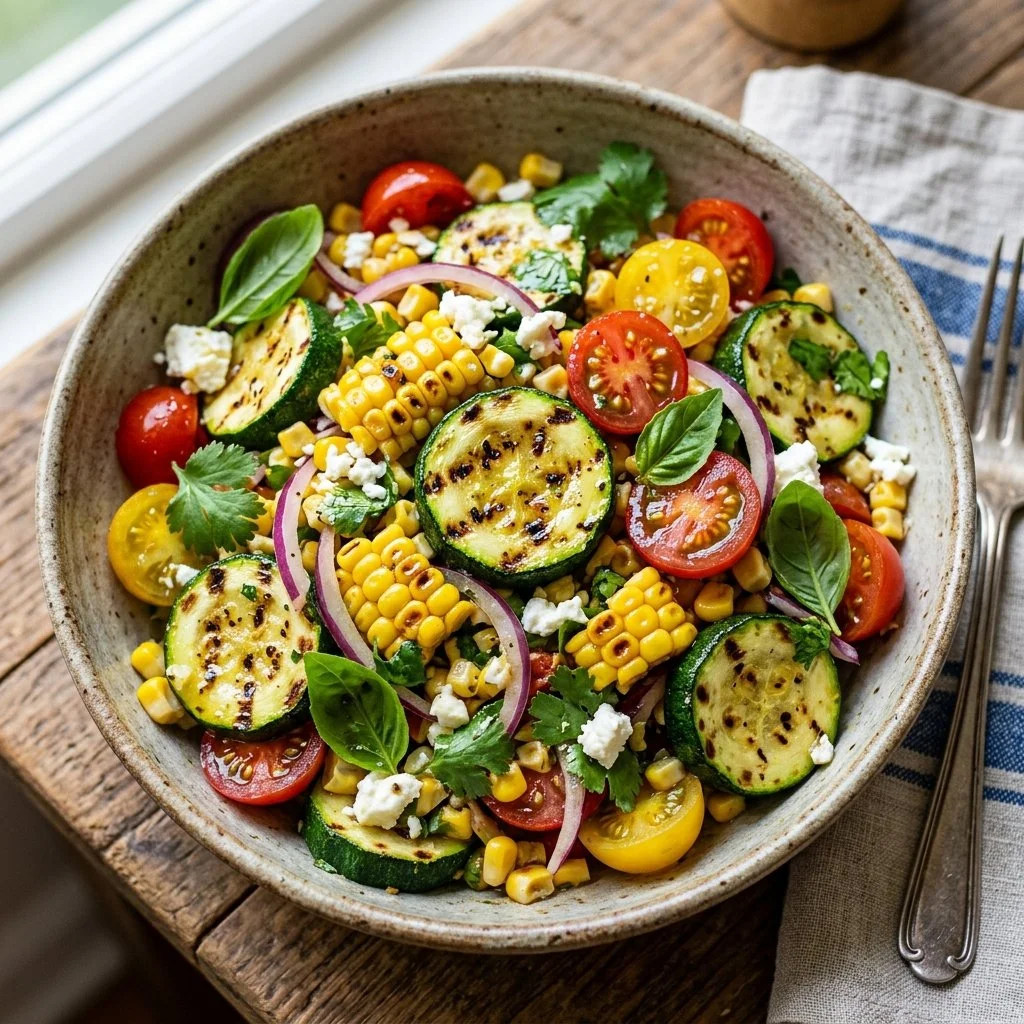 Delicious zucchini corn salad with fresh vegetables and herbs