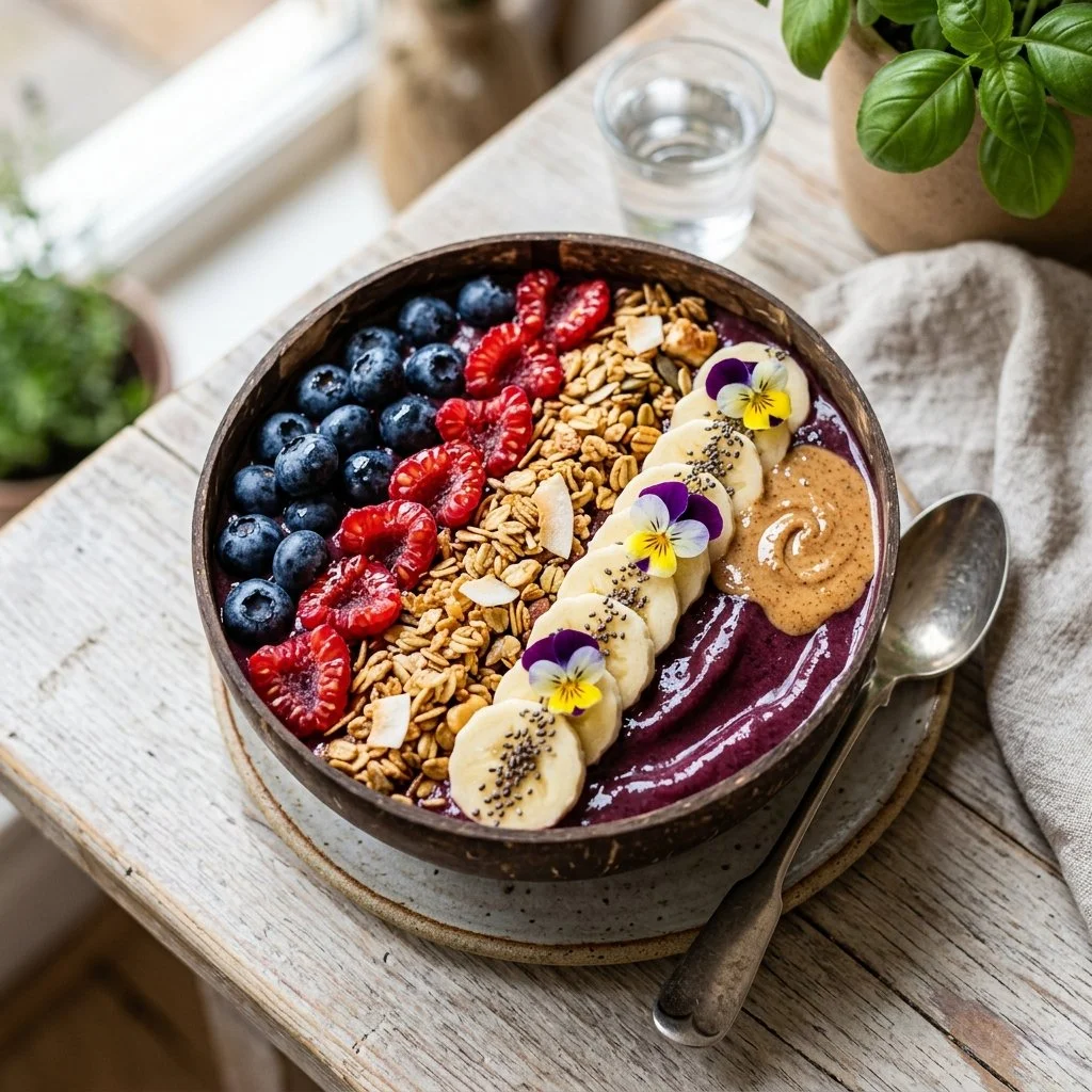 Delicious acai smoothie bowl topped with fresh fruits and granola