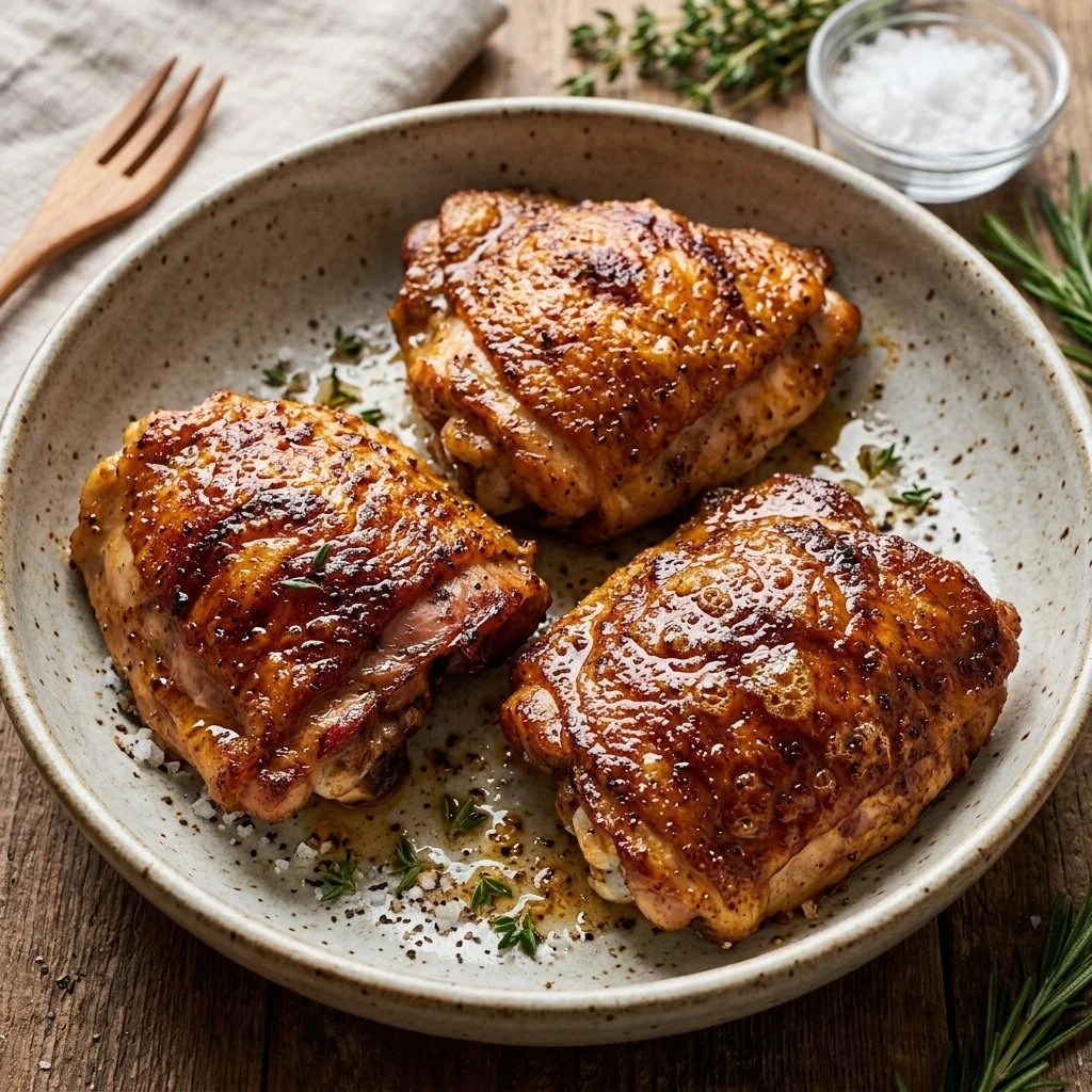 Crispy air fryer chicken thighs served with vegetables on a plate