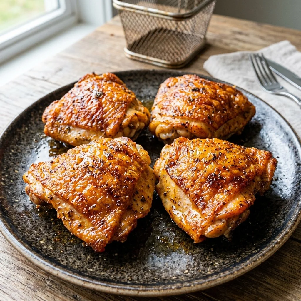 Crispy air fryer chicken thighs served with herbs and spices
