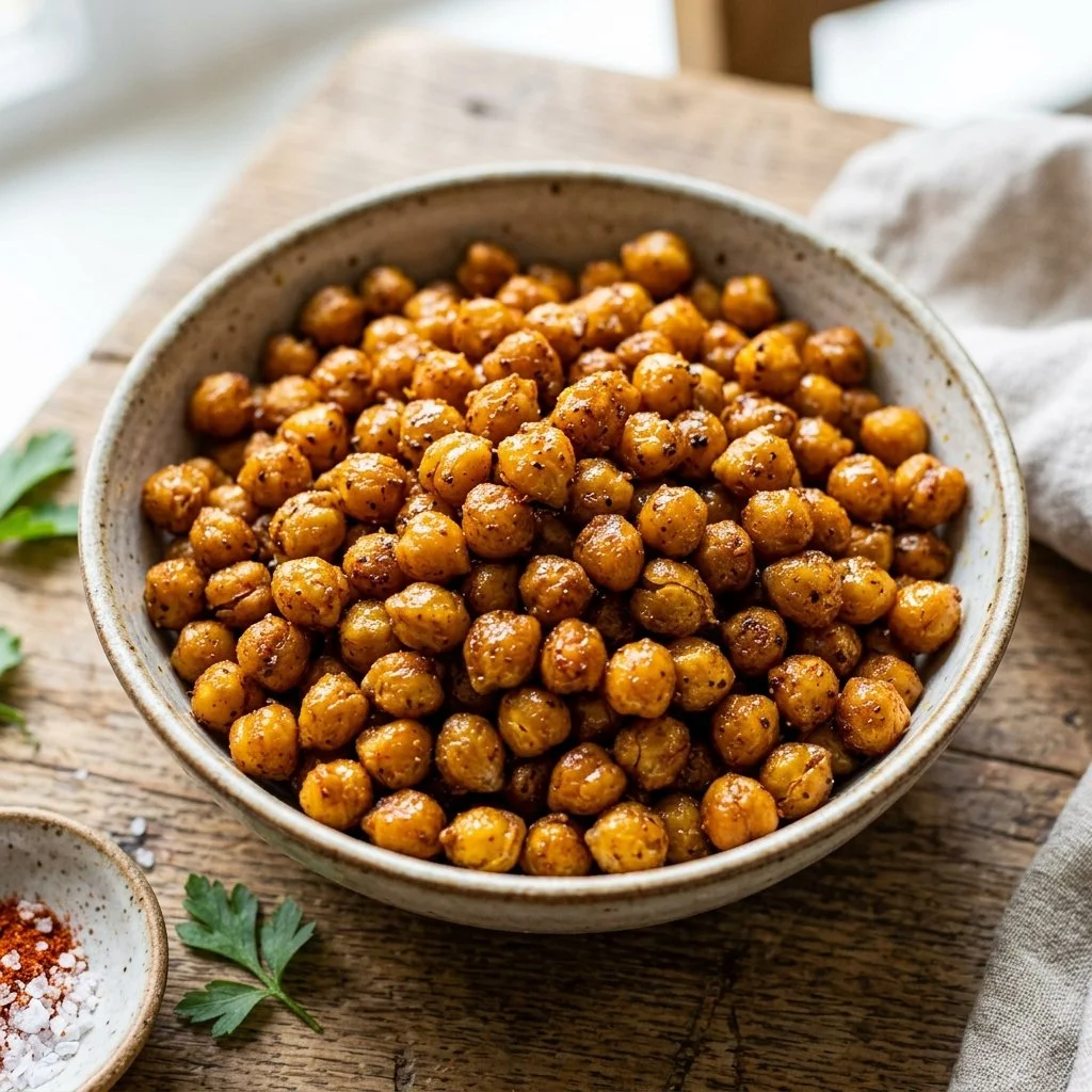 Crispy air fryer chickpeas in a bowl, a healthy snack option