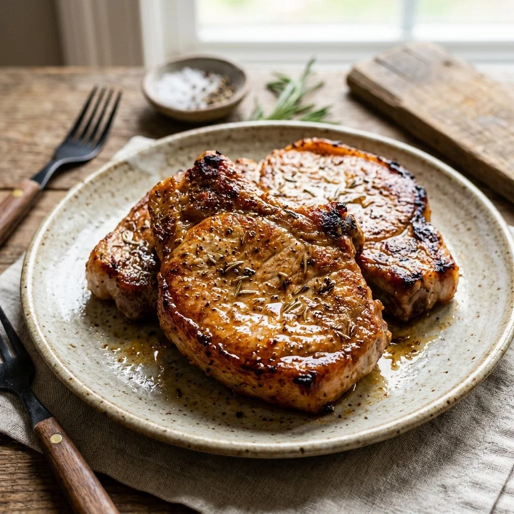 Juicy air fryer pork chops served with fresh herbs and spices.