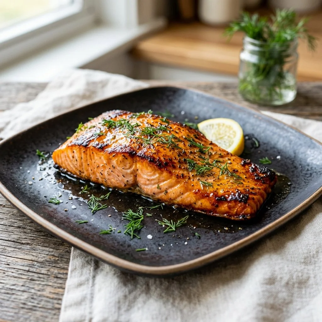 Perfectly cooked air fryer salmon served with lemon and herbs.