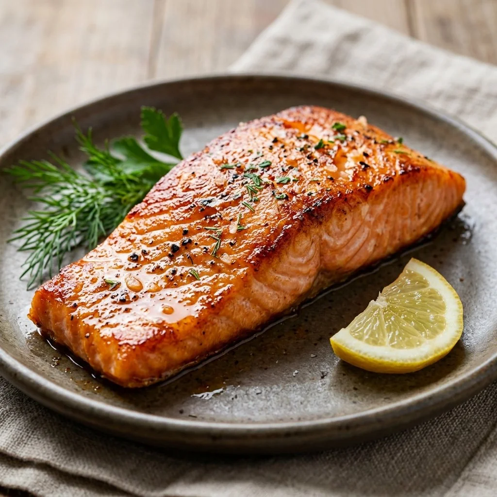 Delicious Air Fryer Salmon served with lemon and herbs