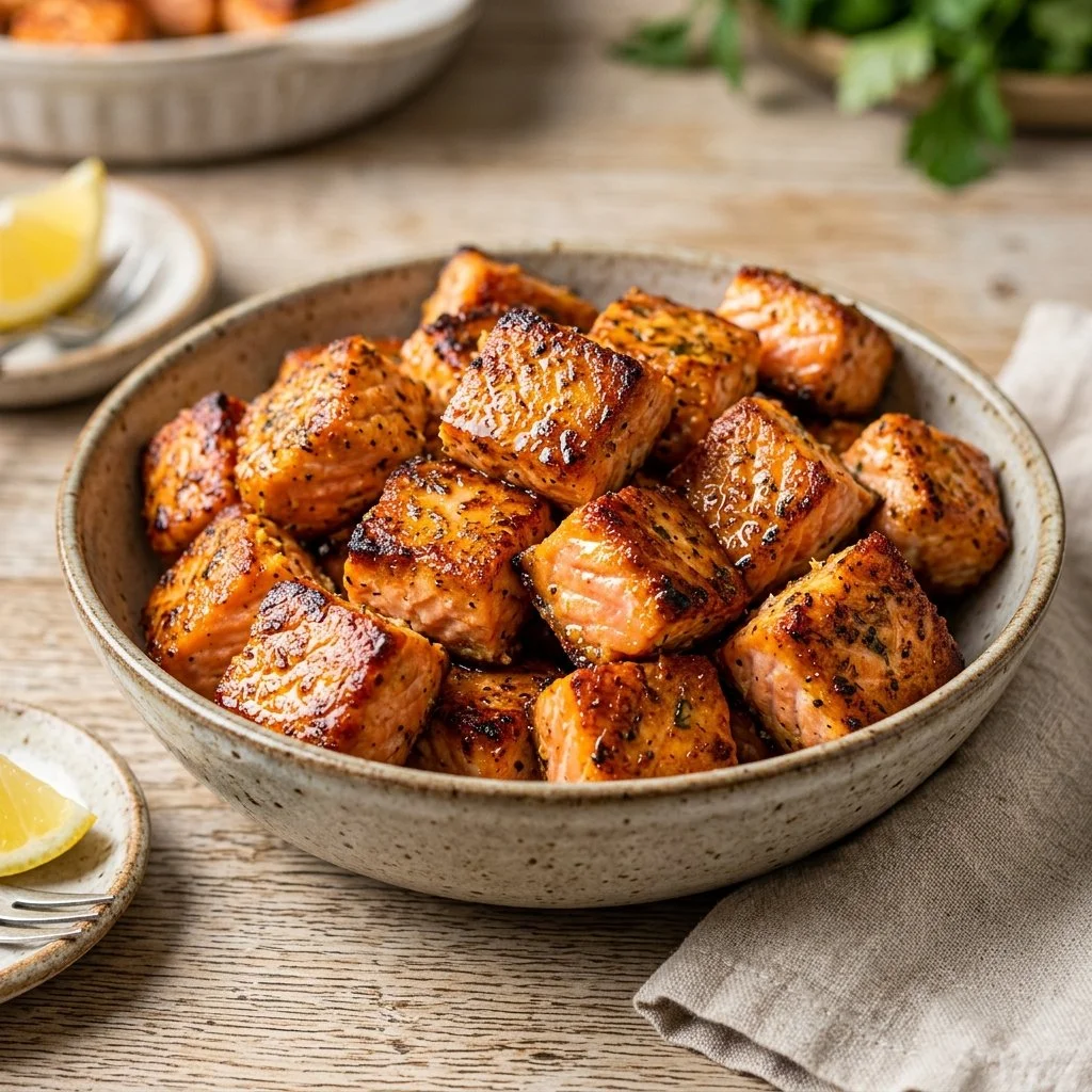 Plate of crispy air fryer salmon bites, garnished with herbs