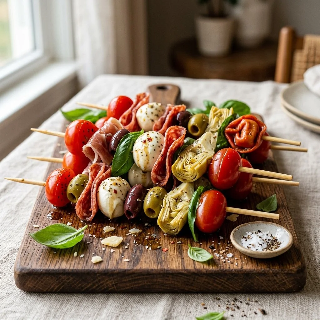 Colorful antipasto skewers with olives, cheese, and vegetables arranged on a platter