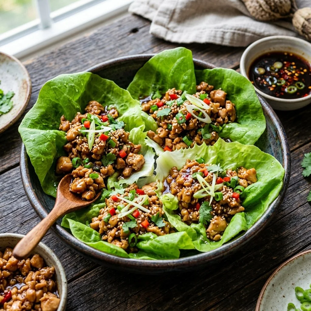Healthy Asian chicken lettuce wraps served with dipping sauce on a plate.