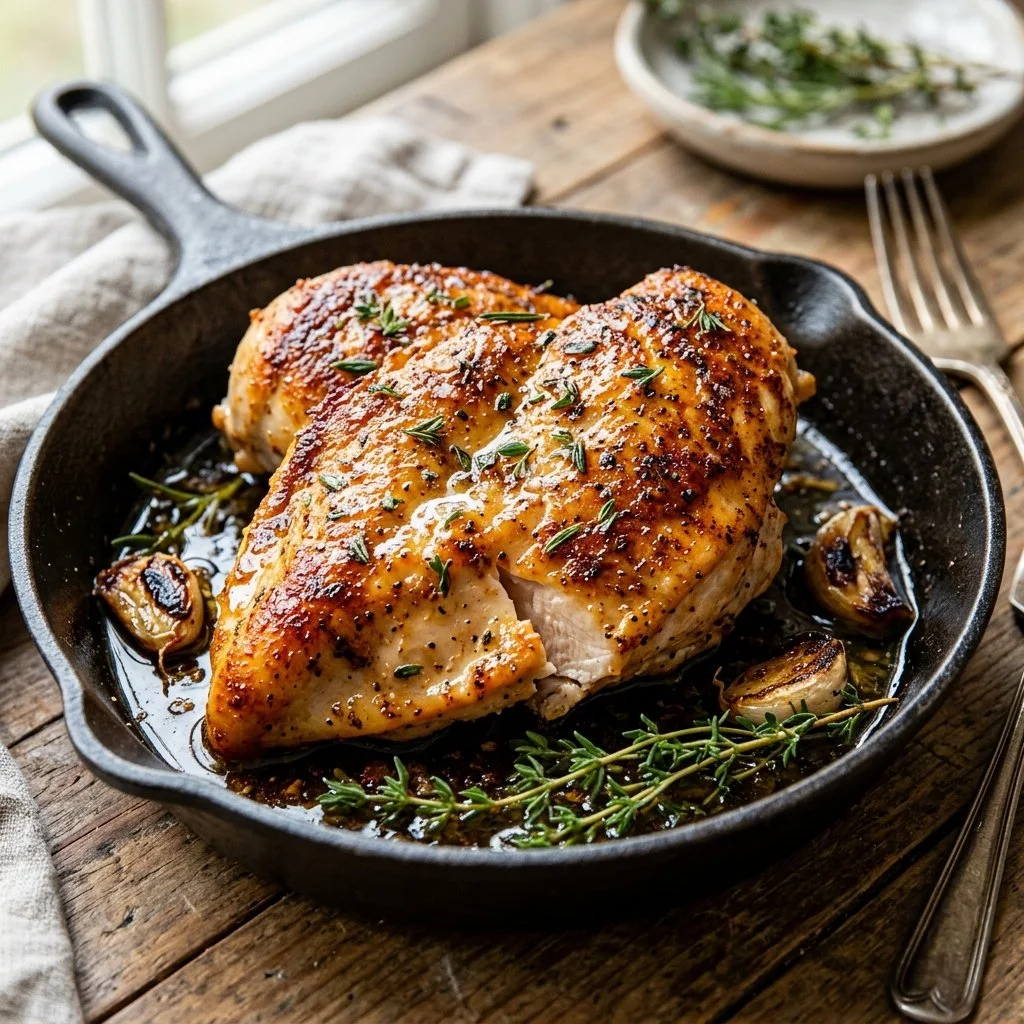 Oven-baked chicken breast seasoned and ready to serve for a healthy meal.