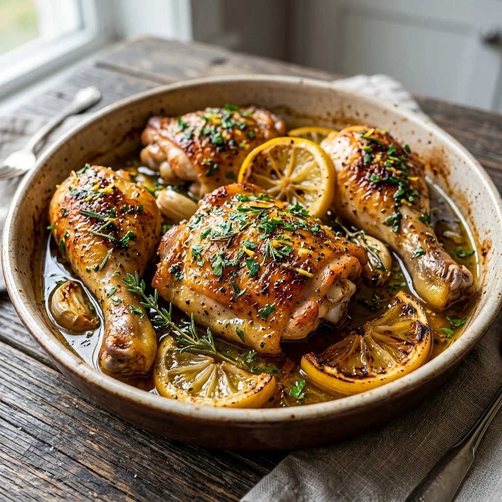 Delicious Baked Lemon Chicken garnished with fresh herbs and lemon slices