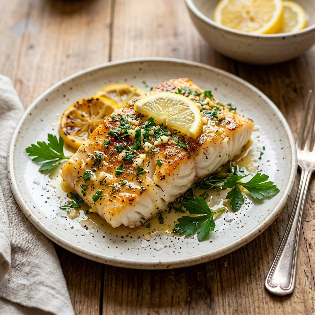 Delicious baked lemon cod garnished with fresh herbs and lemon slices