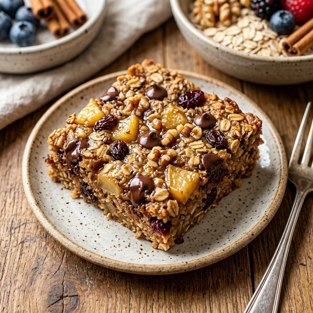 Delicious baked oatmeal bars topped with fresh fruits and nuts
