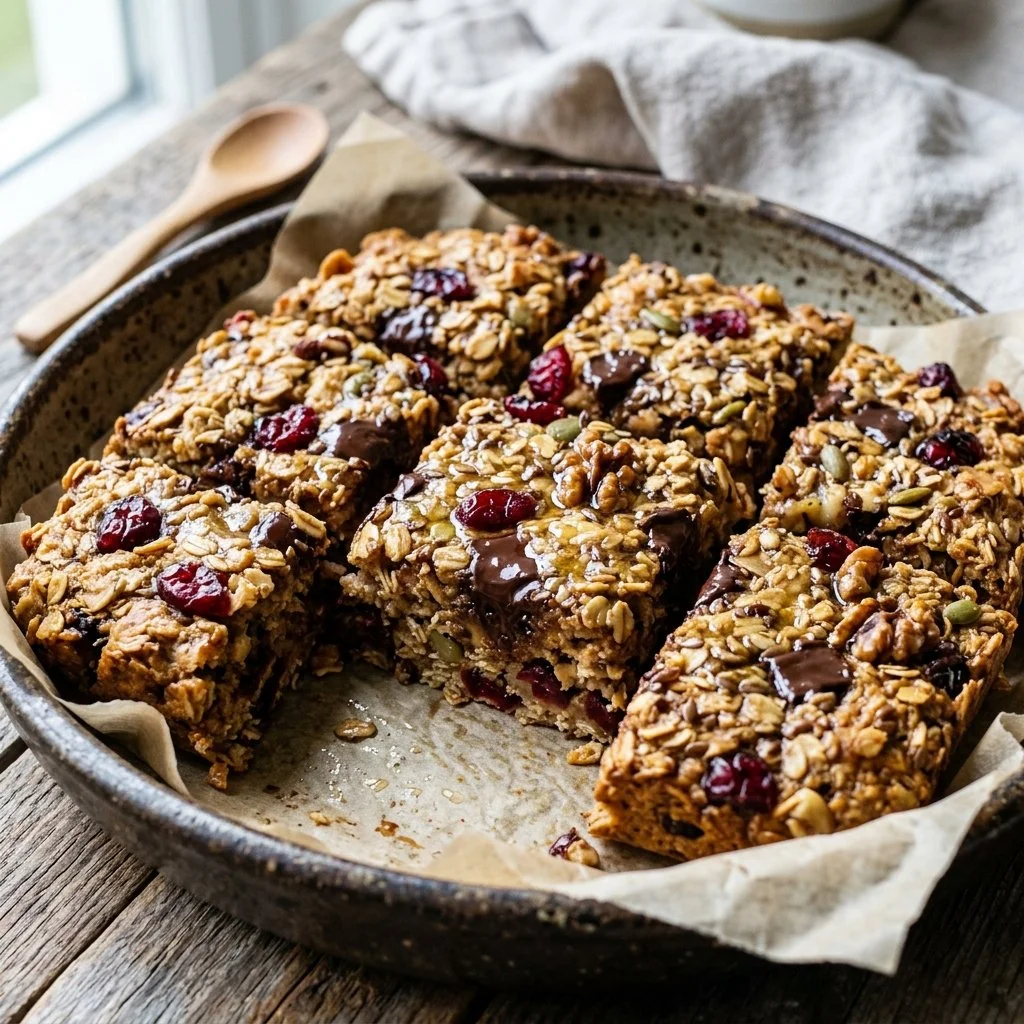 Delicious baked oatmeal bars fresh out of the oven, perfect for breakfast.