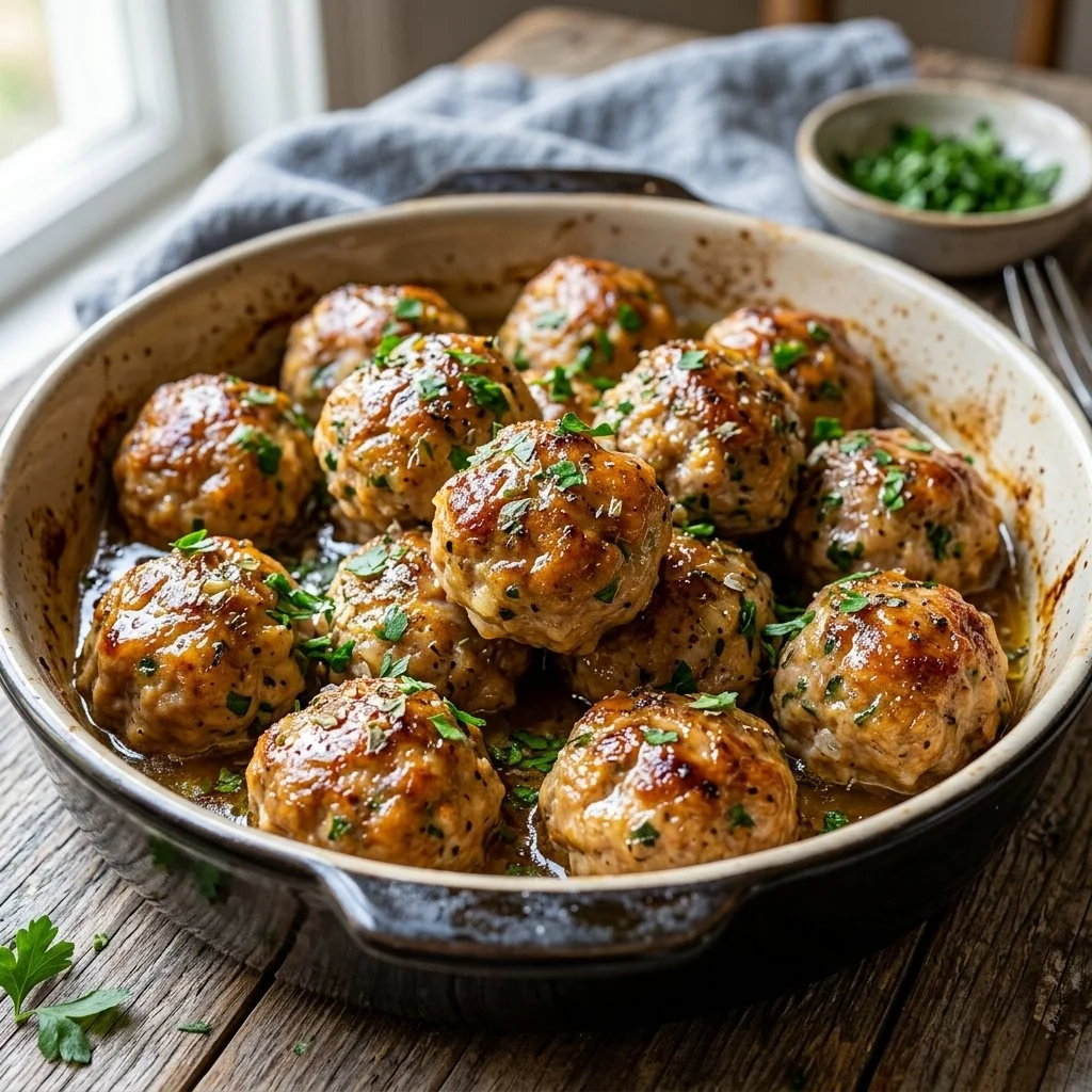 Baked turkey meatballs served on a plate with herbs and dipping sauce