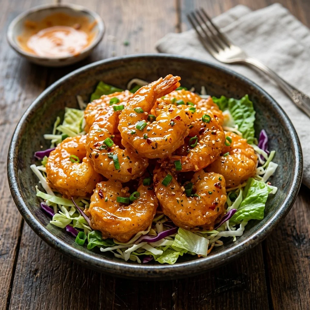 Delicious Bang Bang Shrimp served with creamy sauce and garnished with green onions.