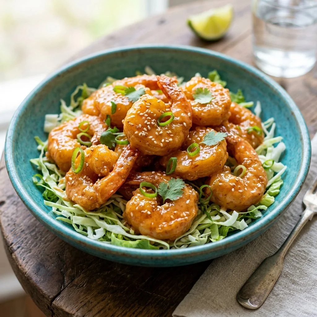 Delicious Bang Bang Shrimp served with a spicy sauce and garnished.