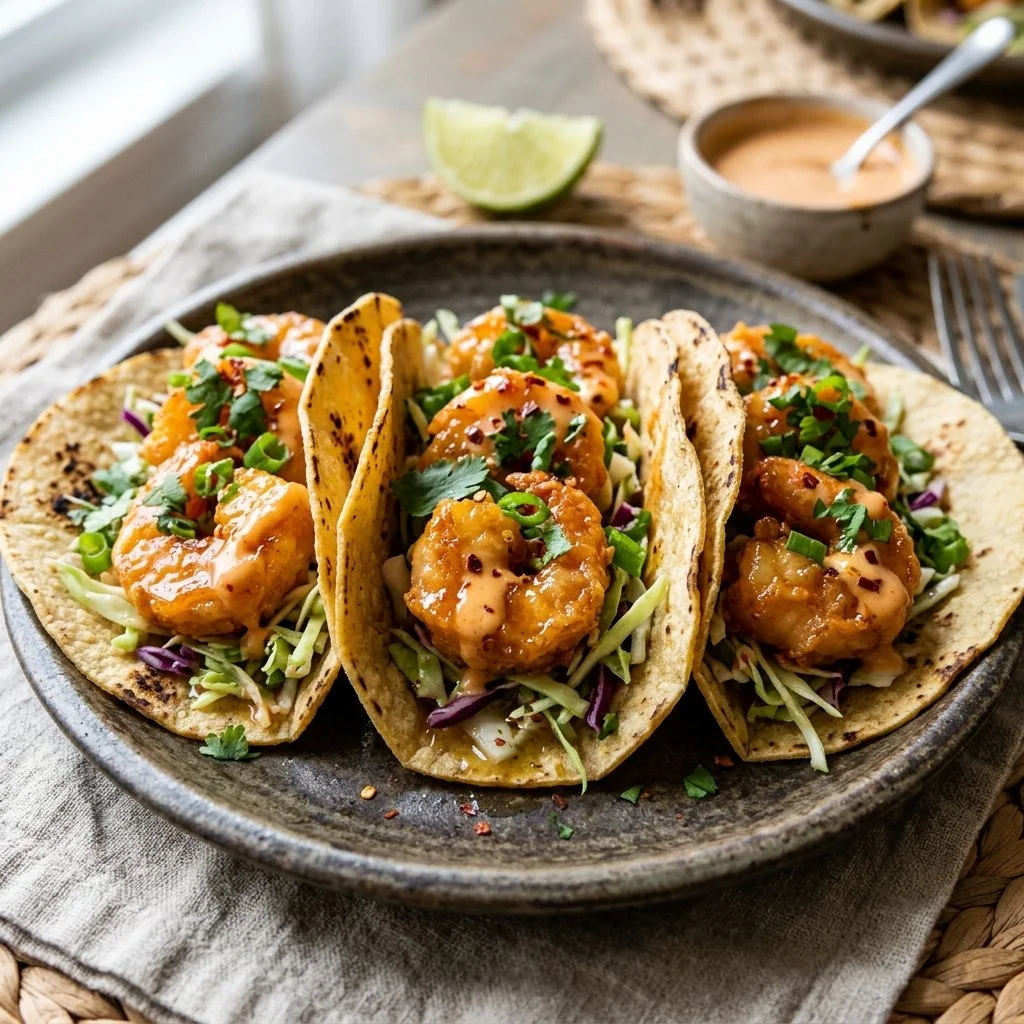 Delicious Bang Bang Shrimp Tacos served with fresh toppings and creamy sauce