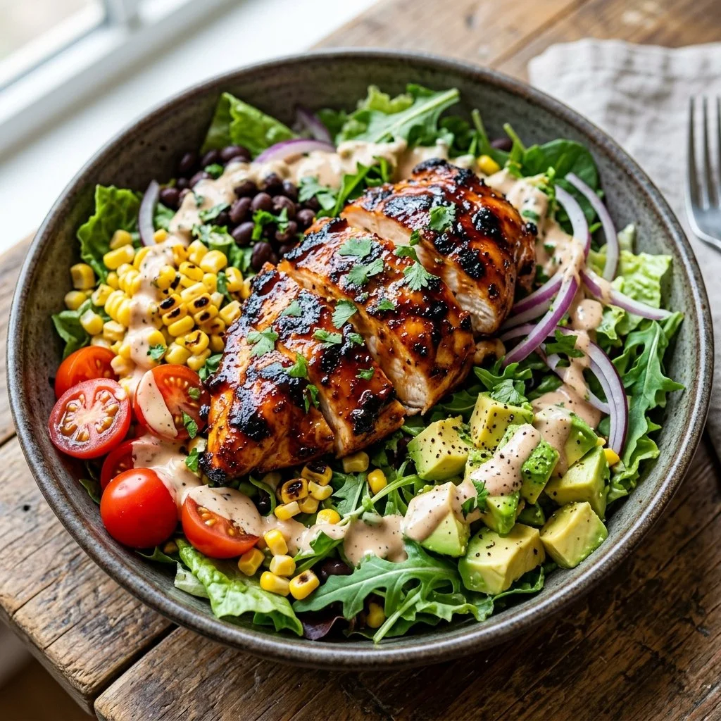 Delicious BBQ chicken salad with grilled chicken, mixed greens, and vibrant toppings.