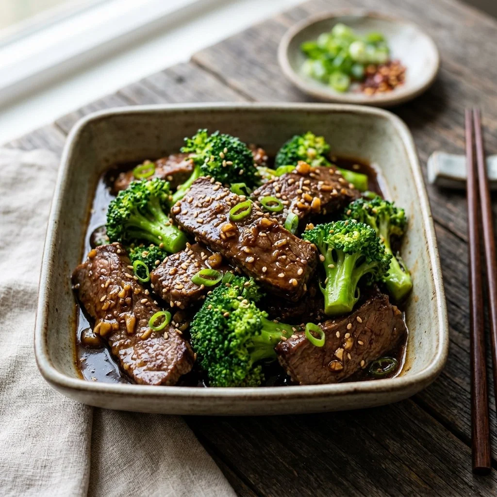 Delicious plate of beef and broccoli stir-fry with vibrant greens