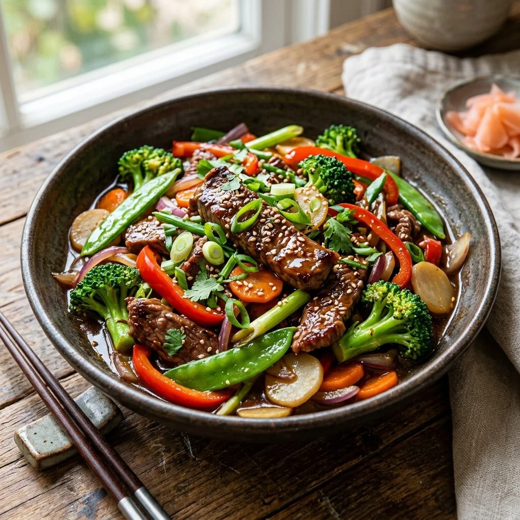 Beef stir fry dish with colorful vegetables and savory sauce served on a plate.