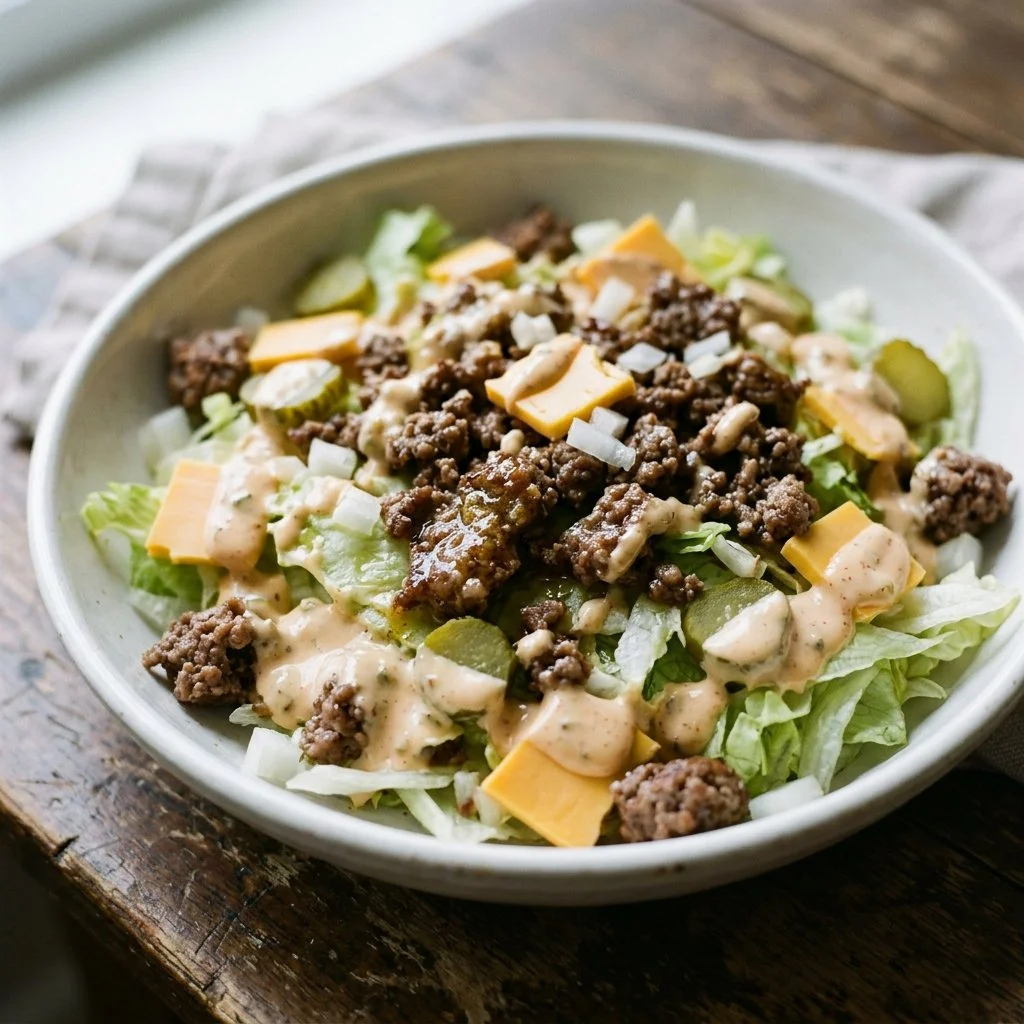 Big Mac Salad with lettuce, beef, cheese, and special sauce on a plate.