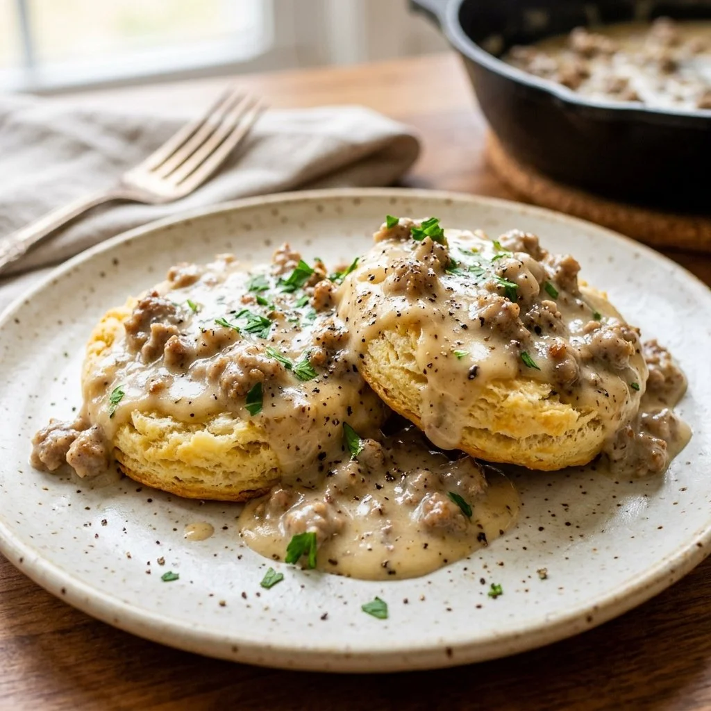 Delicious biscuits and gravy served in a bowl
