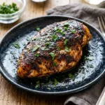 Grilled blackened chicken breast served with seasoning and garnishes.