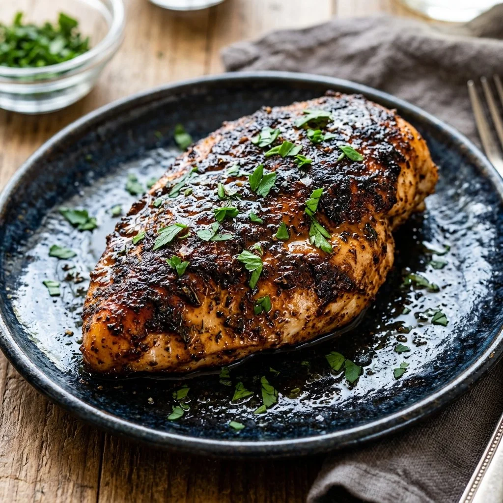 Grilled blackened chicken breast served with seasoning and garnishes.