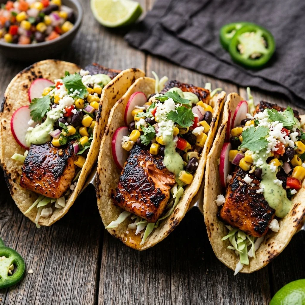 Blackened salmon tacos topped with fresh ingredients and served in a tortilla