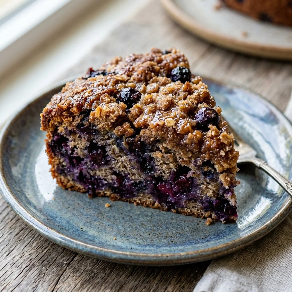 A slice of blueberry coffee cake topped with fresh blueberries on a plate.