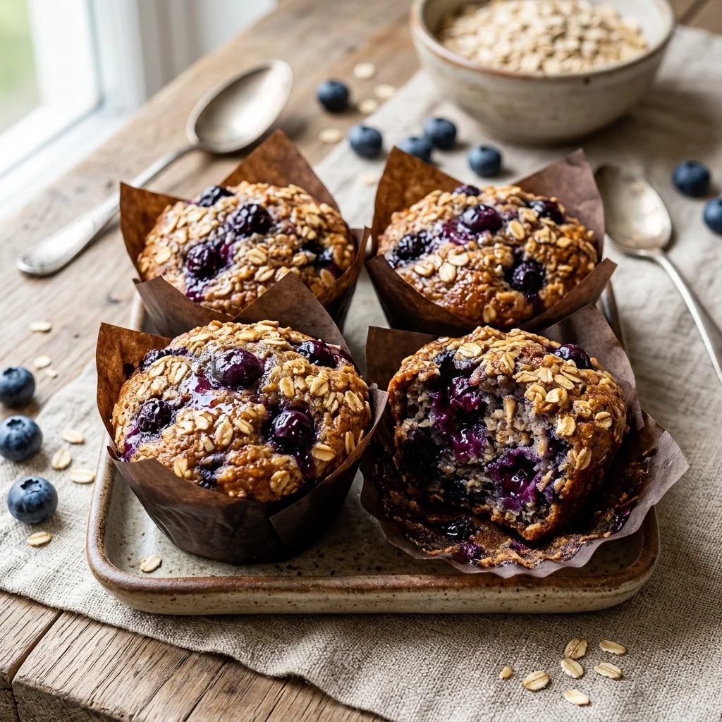 Freshly baked blueberry oatmeal muffins on a plate