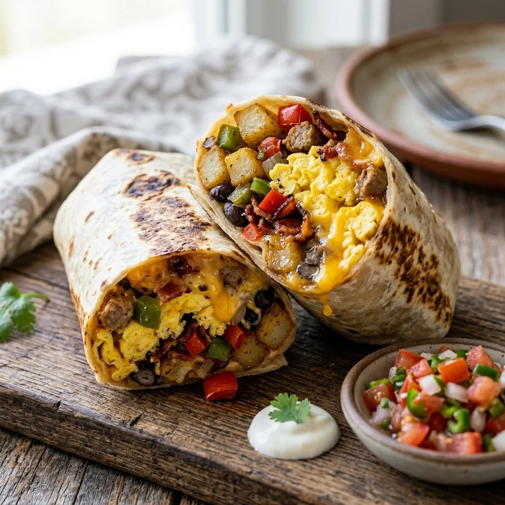Delicious breakfast burritos filled with eggs, cheese, and fresh veggies