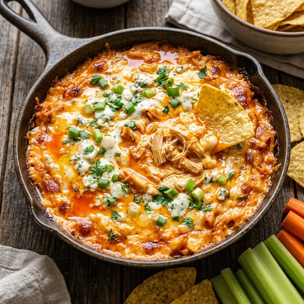 Delicious Buffalo Chicken Dip served in a bowl with tortilla chips
